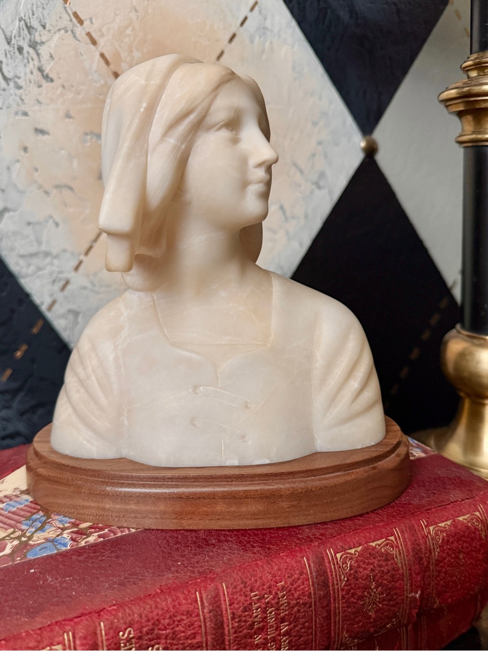 Vintage Joan of Arc Alabaster Marble Bust Sculpture on Wood Base